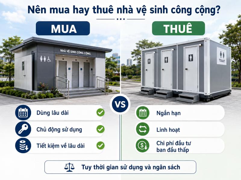 Việc mua hay thuê nhà vệ sinh công cộng phụ thuộc vào thời gian và mục đích sử dụng thực tế của dự án.
