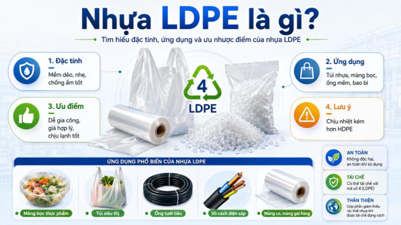 Cấu trúc phân tử phân nhánh đặc trưng giúp nhựa LDPE sở hữu độ mềm dẻo và linh hoạt vượt trội.