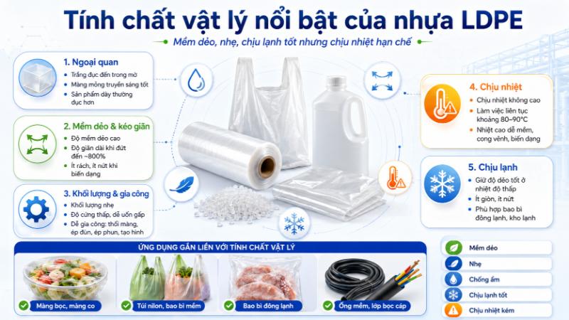 Nhờ khả năng kéo giãn cực tốt lên đến 800%, LDPE được ứng dụng rộng rãi làm màng bọc và túi nilon dẻo dai.