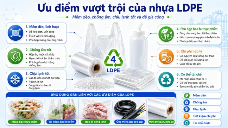 Nhựa LDPE không chỉ có khả năng chống ẩm tuyệt vời mà còn rất an toàn khi dùng làm bao bì tiếp xúc với thực phẩm.