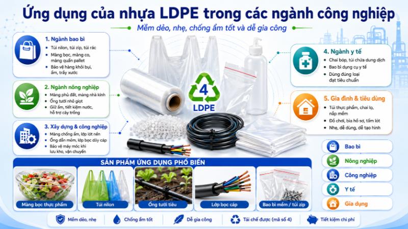 Từ màng bọc nông nghiệp đến các sản phẩm gia dụng, nhựa LDPE đóng vai trò không thể thiếu trong đa dạng các ngành công nghiệp.