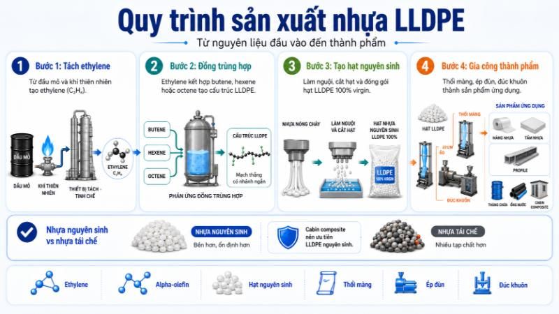 Quy trình sản xuất LLDPE tạo ra hạt nhựa nguyên sinh tinh khiết, mang lại tính ổn định và độ bền cao cho thành phẩm.