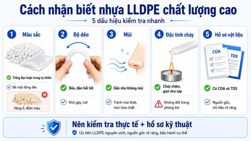 Việc kiểm tra cảm quan qua màu sắc, độ dẻo và yêu cầu hồ sơ vật liệu giúp xác định chính xác chất lượng nhựa LLDPE.