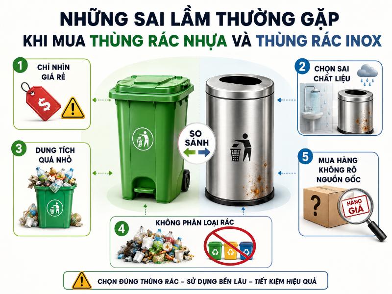 Hãy tìm hiểu kỹ về dung tích, mác inox và môi trường sử dụng để tránh những sai lầm gây lãng phí khi chọn mua thùng rác.