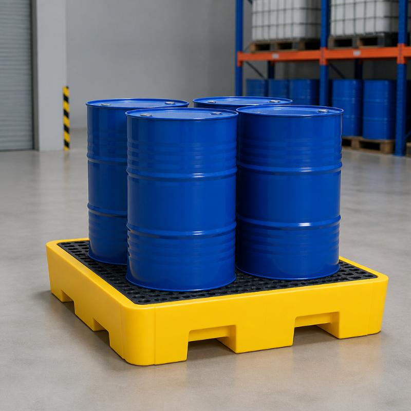 Pallet nhựa chống tràn dầu giúp kê 4 phuy an toàn và hạn chế chất lỏng rò rỉ ra sàn