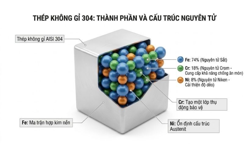 Thành phần cấu tạo Inox 304 gồm 18% Crom và tối thiểu 8% Niken