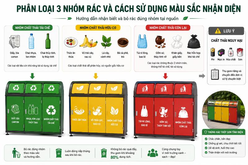 Hệ thống màu sắc và biểu tượng trực quan giúp nhận diện và phân loại 3 nhóm rác thải sinh hoạt dễ dàng.