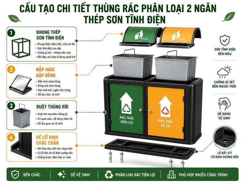 Thùng Phân Loại 2 Ngăn Thép Sơn Tĩnh Điện 7 Cấu tạo chi tiết gồm khung thép chịu lực, nắp bập bênh inox tiện lợi và ruột tôn mạ kẽm dễ dàng tháo rời.