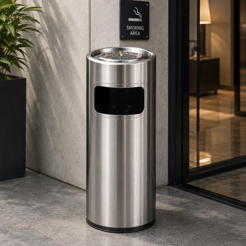 Thùng rác inox kết hợp gạt tàn thuốc tiện dụng, giúp giữ gìn vệ sinh cho các khu vực sảnh và không gian cho phép hút thuốc.