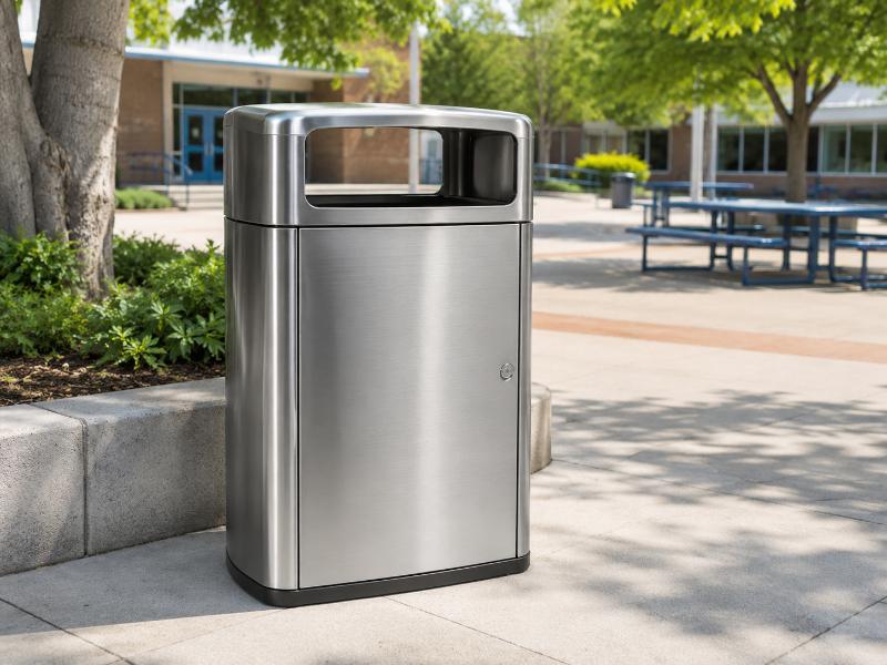 Thùng rác inox mang lại vẻ đẹp hiện đại, dễ lau chùi, rất thích hợp đặt tại sảnh, phòng y tế và khu vực tiếp khách của trường.