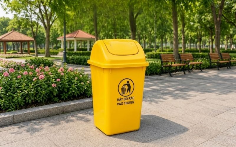 Thùng rác nhựa HDPE có nắp kín và đế bắt vít cố định là tiêu chí quan trọng khi chọn mua thùng rác ngoài trời cho công viên.