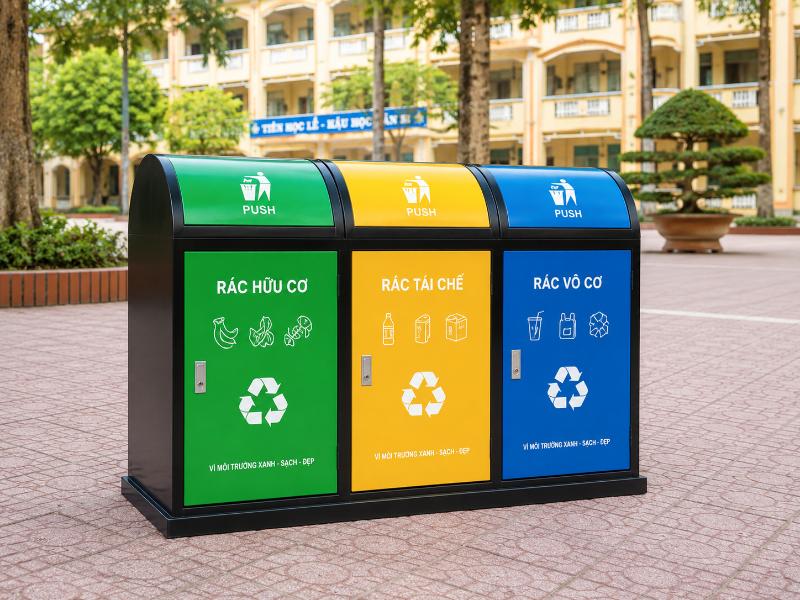 Thùng rác phân loại 3 ngăn giúp học sinh dễ dàng nhận biết và thực hành phân loại rác thải ngay tại nguồn.
