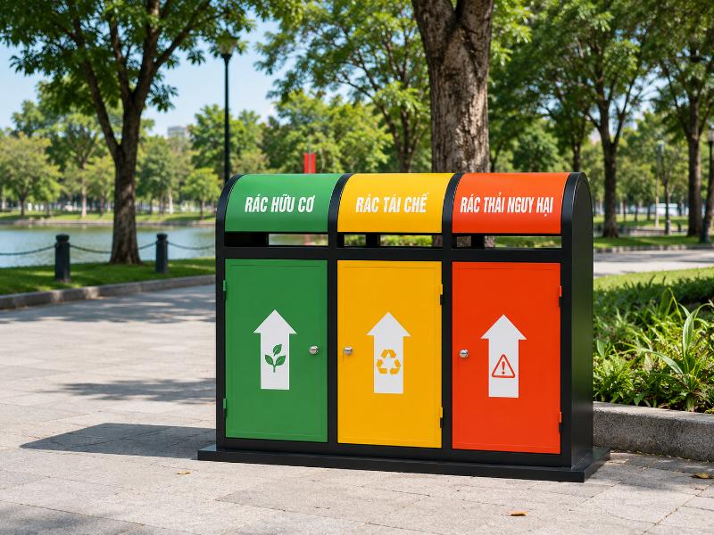 Thùng rác sơn tĩnh điện 3 ngăn cao cấp | Báo giá sỉ 2026 14 Thùng rác sơn tĩnh điện 3 ngăn chịu được trong môi trường độ ẩm cao, nắng gắt