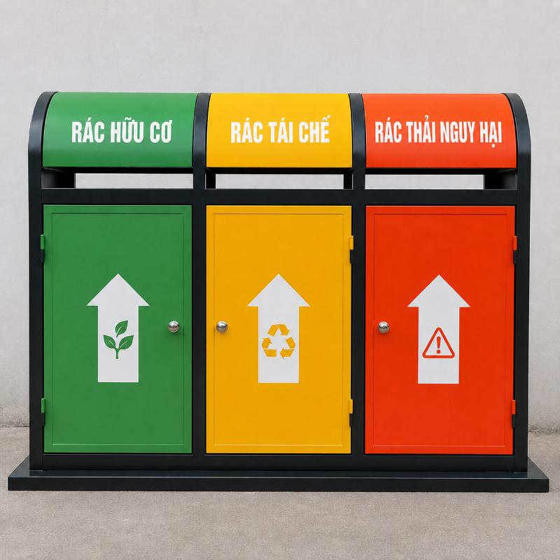 Thùng rác sơn tĩnh điện 3 ngăn cao cấp | Báo giá sỉ 2026 12 Thùng rác sơn tĩnh điện 3 ngăn theo 3 màu khác giúp phân loại rác thải theo quy định