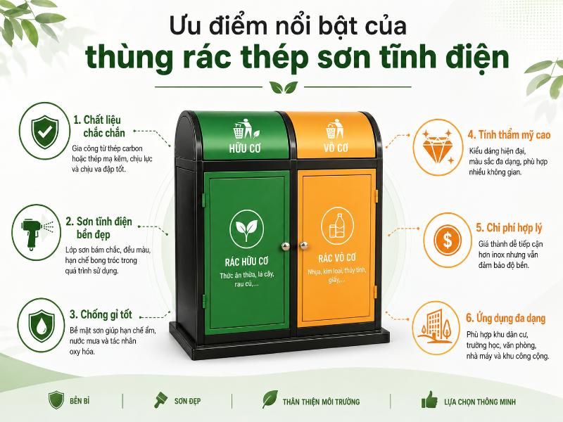 Thùng Rác Thép Sơn Tĩnh Điện 7 Sản phẩm kết hợp hoàn hảo giữa độ bền cơ học cao, thẩm mỹ hiện đại và chi phí đầu tư hợp lý.
