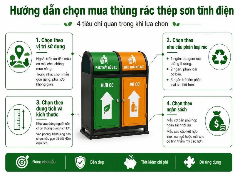 Thùng Rác Thép Sơn Tĩnh Điện 14 Lựa chọn thùng rác có dung tích, kích thước và phân loại phù hợp giúp tối ưu quá trình sử dụng.