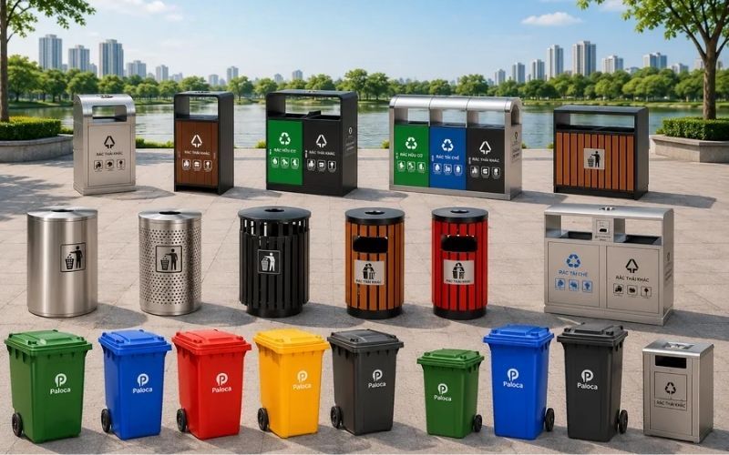 Tổng hợp các mẫu thùng rác nhựa lớn thiết kế đa dạng từ 2 ngăn phân loại đến có bánh xe chuyên dụng tại xưởng CNC Thành Đạt.