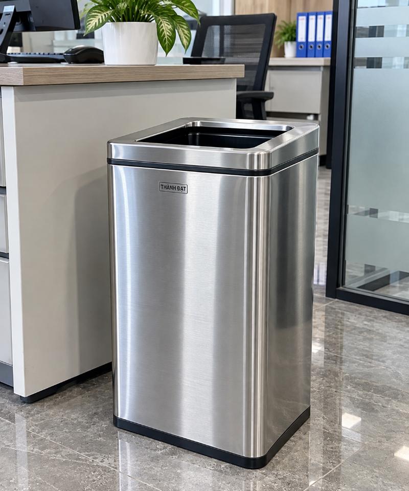 Thùng rác inox vuông thiết kế hiện đại đặt trong sảnh tòa nhà, đường nét vuông vắn, bề mặt inox xước mờ sang trọng