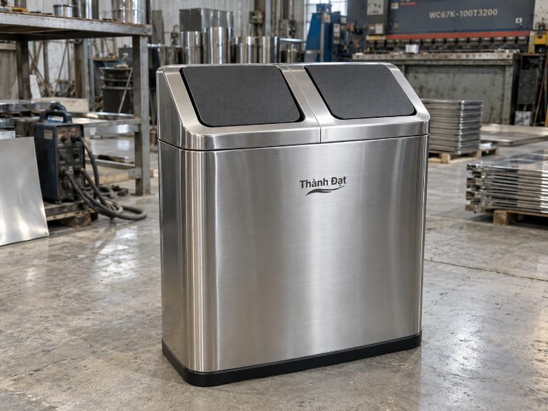 Thùng rác inox 2 ngăn nắp lật do Thành Đạt sản xuất, bề mặt sáng bóng, hai khoang chứa ruột tôn tháo rời, nắp bập bênh mở nhẹ, đặt tại sảnh văn phòng