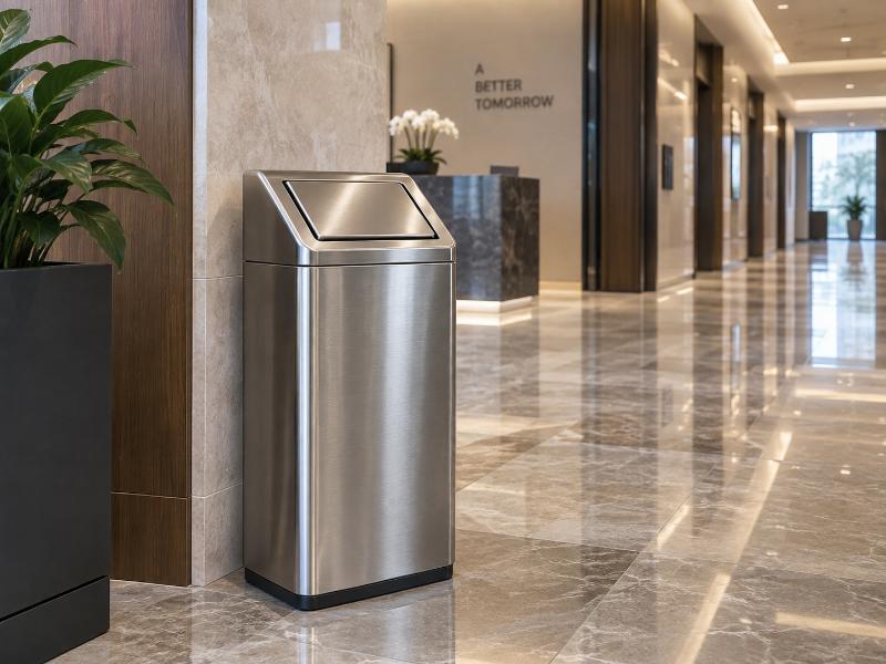 Thùng rác inox nắp lật dạng tròn đặt trong sảnh hành lang tòa nhà, bề mặt phản chiếu nhẹ, thiết kế gọn phù hợp không gian hẹp