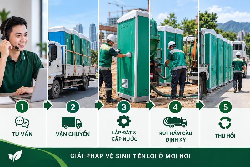 Quy trình dịch vụ nhà vệ sinh di động Đắk Lắk trọn gói từ tư vấn, vận chuyển đến thu hồi 