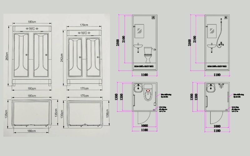 Kích thước tiêu chuẩn và thiết kế tối ưu của buồng vệ sinh lưu động composite chuẩn ISO 9001:2015 do CNC Thành Đạt cung cấp.