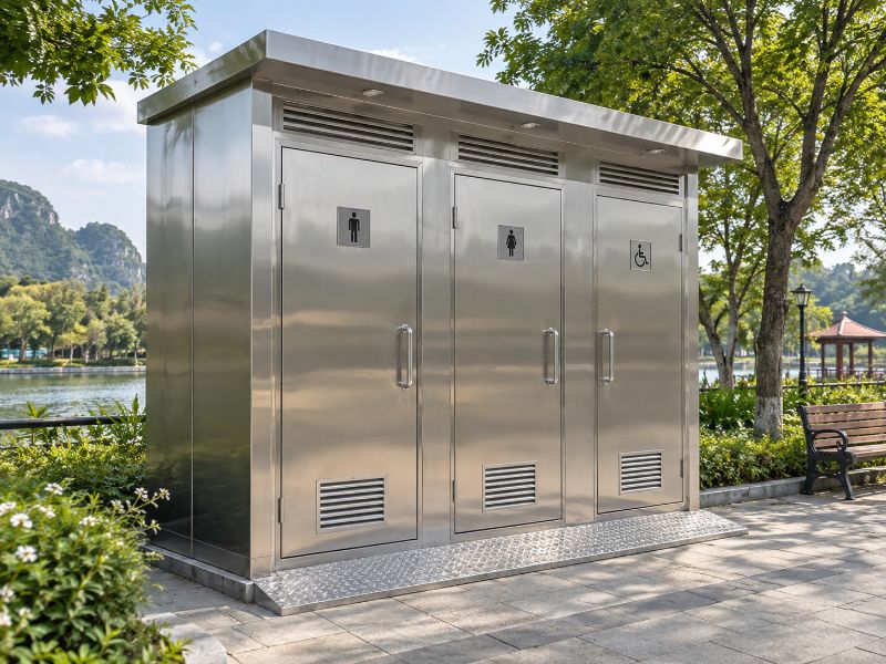 Nhà vệ sinh inox chống ăn mòn cao, giải pháp tối ưu cho các không gian công cộng và khu du lịch cần sự bền bỉ lâu dài.