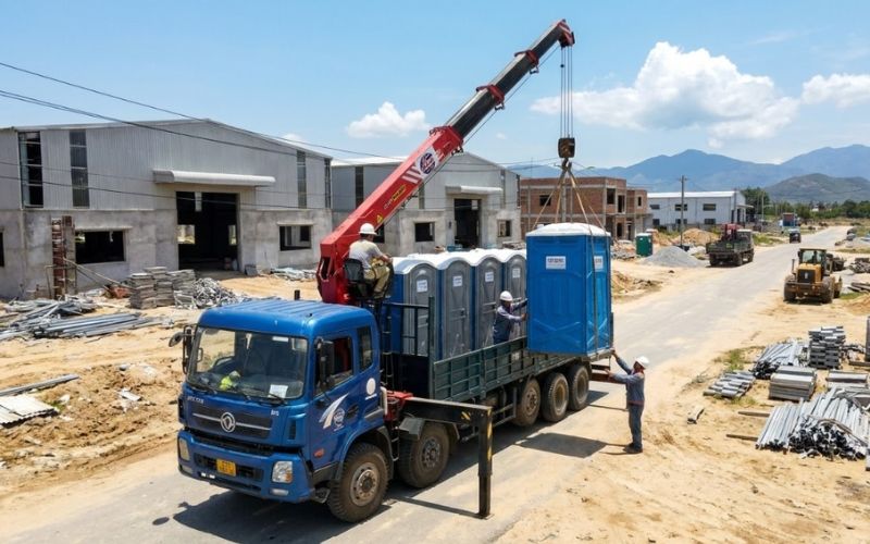 Xe cẩu tải chuyên dụng vận chuyển hỏa tốc và thi công nhà vệ sinh công trình tại khu công nghiệp Cam Lâm, Nha Trang.
