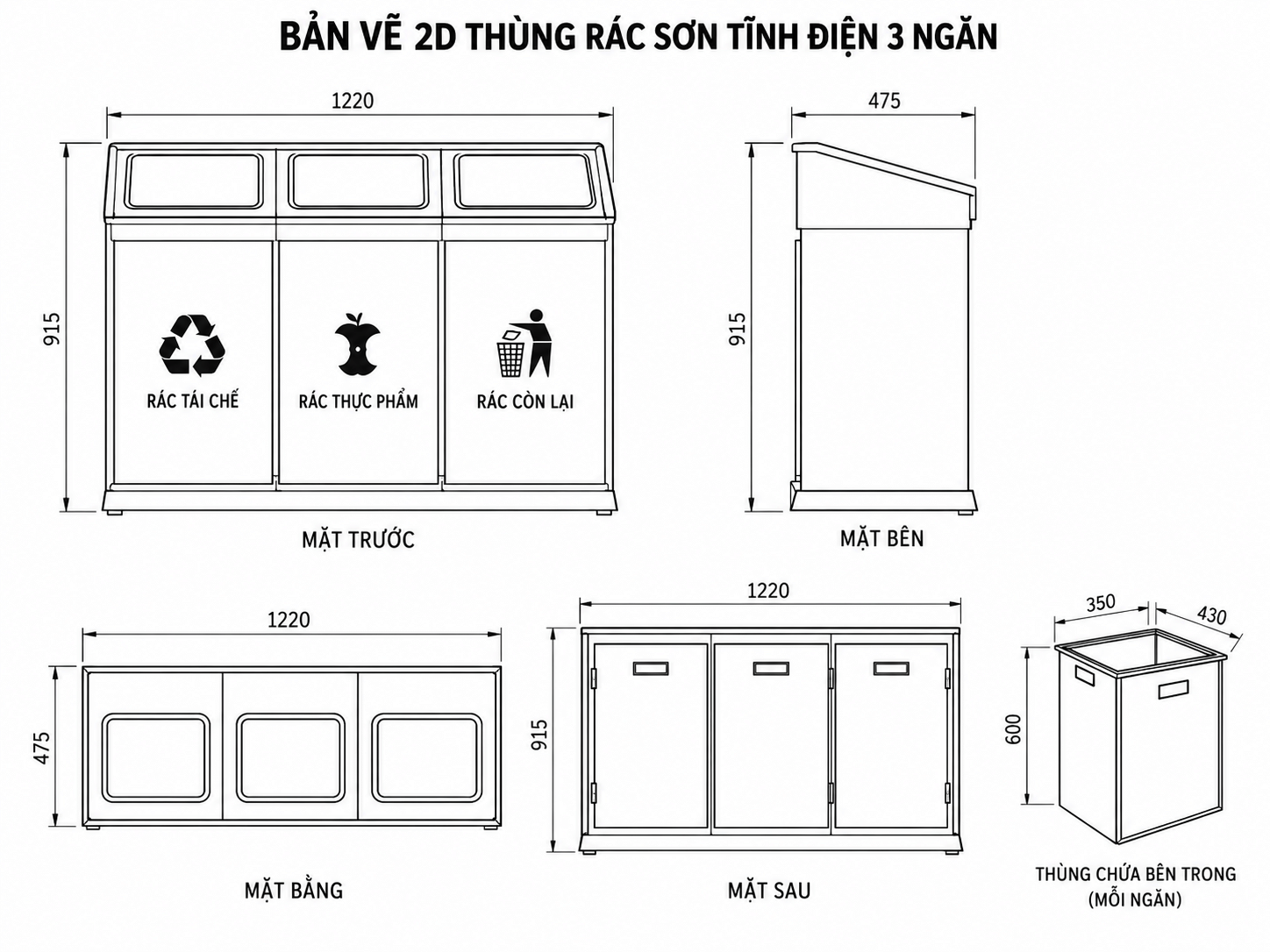 Bản vẽ 2D thùng rác sơn tĩnh điện 3 ngăn