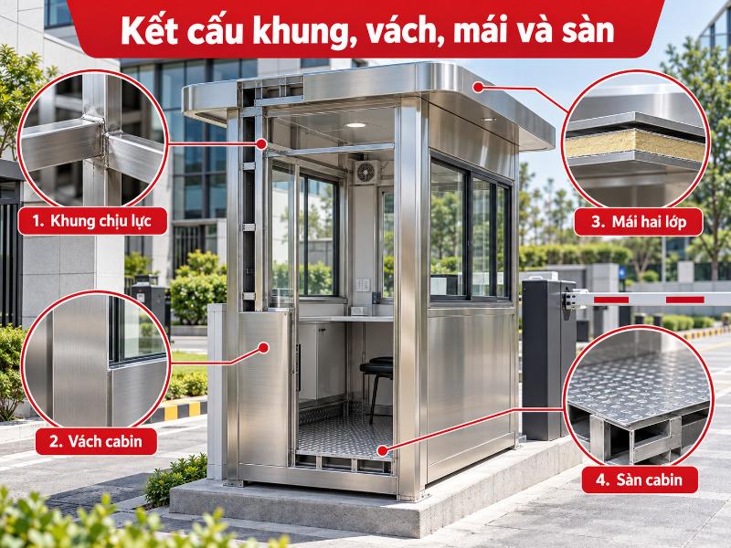 Kết cấu khung xương và vách inox chắc chắn đảm bảo an toàn và tuổi thọ lâu dài cho cabin.