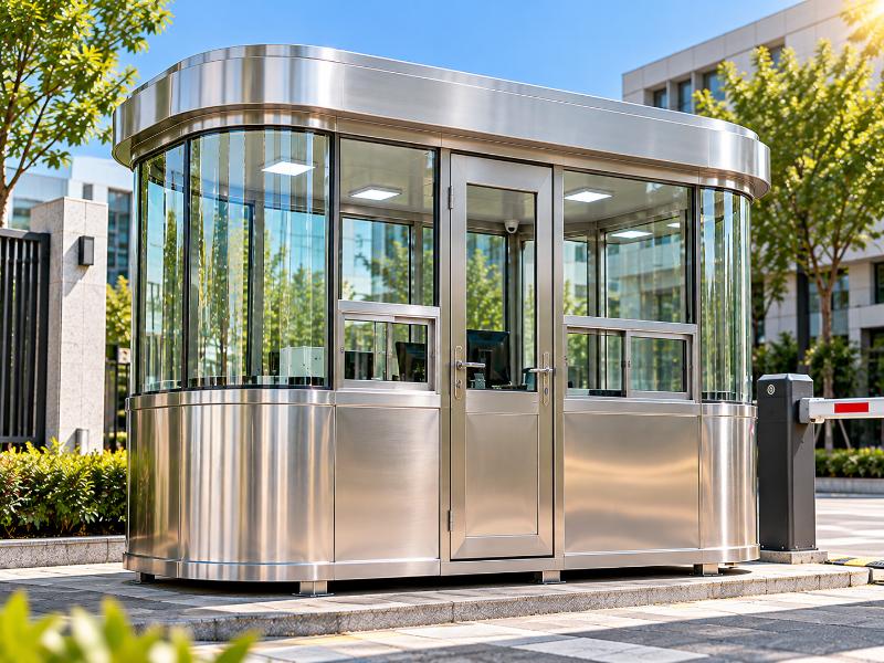 Cabin inox kính cong một đầu mang đến vẻ ngoài mềm mại và mở rộng góc quan sát cho nhân viên bảo vệ.