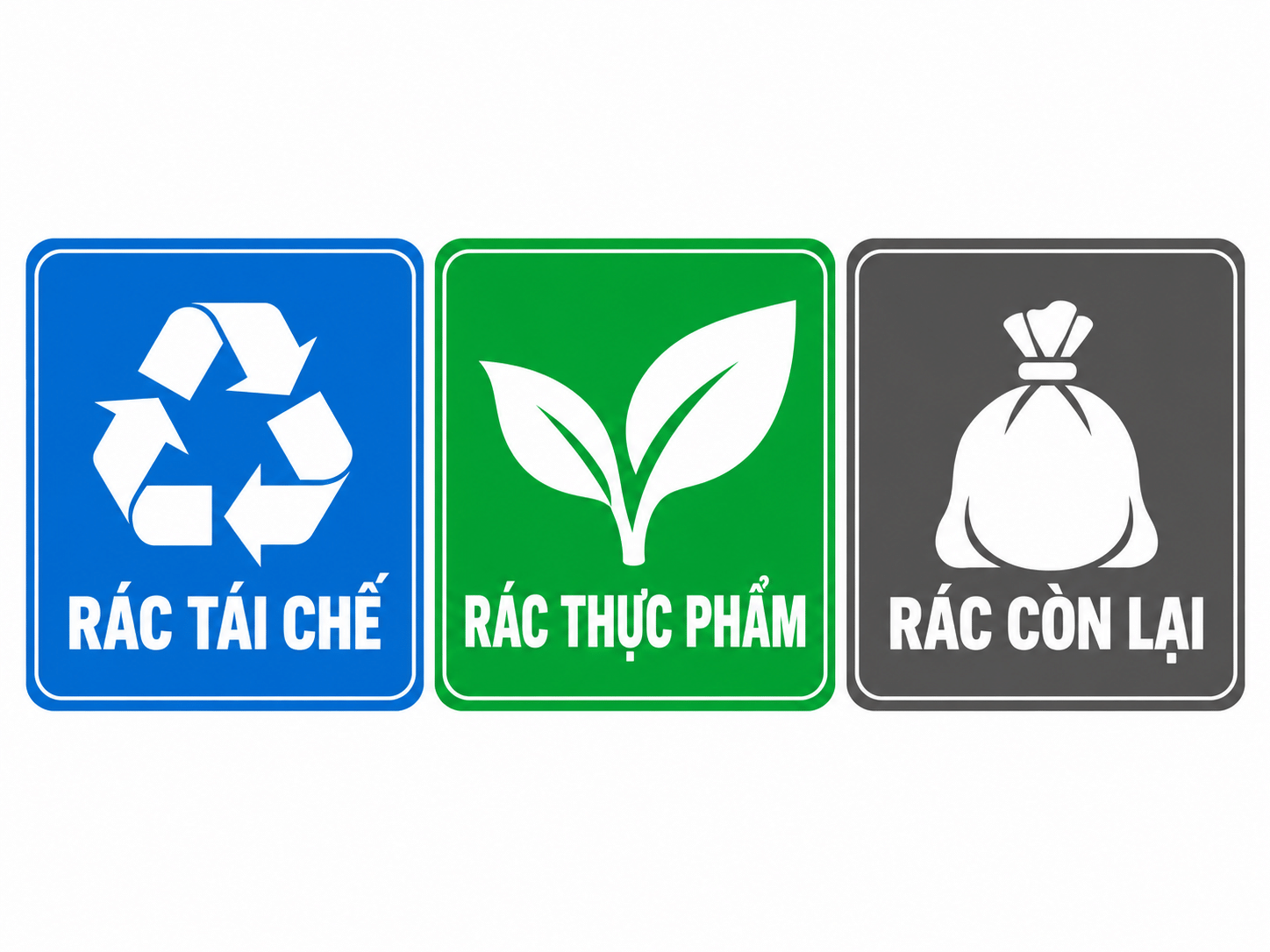 Bộ tem nhãn phân loại rác 3 ngăn với ba màu xanh dương, xanh lá và xám, phù hợp cho thùng rác sơn tĩnh điện và thùng inox.