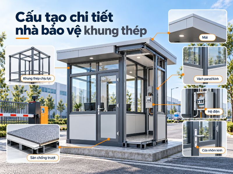 Cấu tạo chi tiết của nhà bảo vệ khung thép với kết cấu chịu lực chắc chắn và vật liệu bao che đa dạng. 