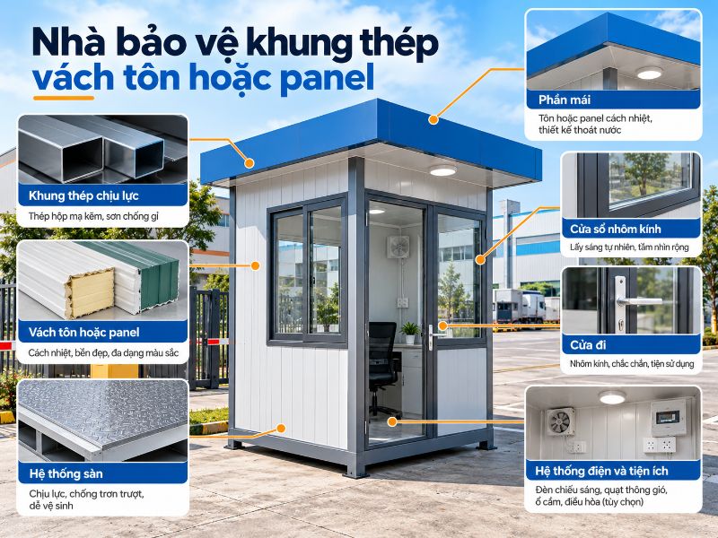 Mẫu nhà bảo vệ khung thép vách panel giúp cách nhiệt hiệu quả, tạo không gian làm việc thoải mái.