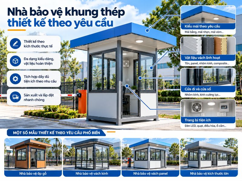 Thiết kế nhà bảo vệ khung thép theo yêu cầu giúp tối ưu hóa công năng và diện tích lắp đặt.