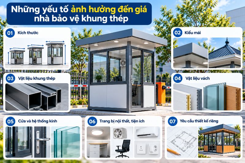 Chi phí lắp đặt nhà bảo vệ phụ thuộc vào kích thước, chất liệu và các trang thiết bị đi kèm.