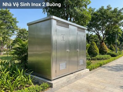 Mô hình nhà vệ sinh inox công cộng 2 buồng hiện đại, phù hợp cho công viên và khu du lịch.
