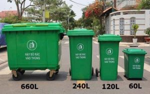 Thùng rác 240L và xe thu gom rác 660L bánh xe cao su đặc tại khu đô thị