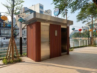 Mô hình nhà vệ sinh inox công cộng 2 buồng hiện đại, phù hợp cho công viên và khu du lịch.