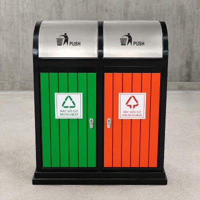 Thùng rác sơn tĩnh điện 2 ngăn phân loại rác với thiết kế nắp lật tiện dụng
