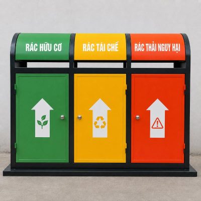 Thùng rác sơn tĩnh điện 3 ngăn theo 3 màu khác giúp phân loại rác thải theo quy định