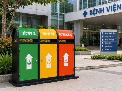 Thùng rác sơn tĩnh điện 3 ngăn cao cấp | Báo giá sỉ 2026 7 Thùng rác thép sơn tĩnh điện 3 ngăn thích hợp sử dụng tại bệnh viện, công viên, văn phòng